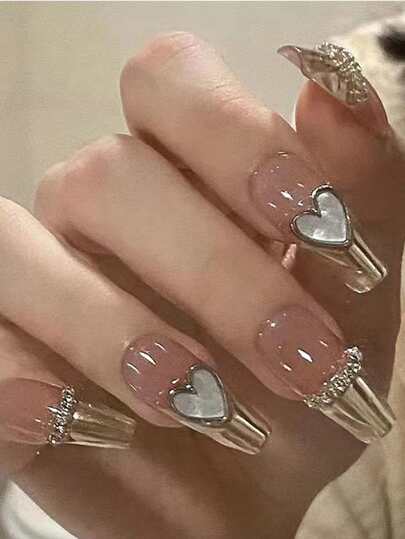 Kawaii 24pcs Coffin 3D Heart Decor Fake Nail & 1sheet Nail Tape