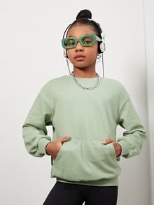 SHEIN Girls Letter Graphic Drop Shoulder Pullover - Mint Green - View 3