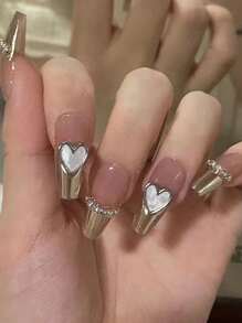 ROMWE Kawaii 24pcs Coffin 3D Heart Decor Fake Nail & 1sheet Nail Tape - Multicolor - View 3