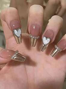 ROMWE Kawaii 24pcs Coffin 3D Heart Decor Fake Nail & 1sheet Nail Tape - Multicolor - View 4