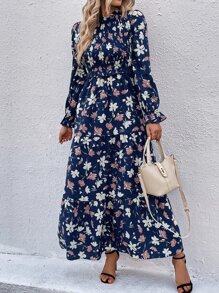 SHEIN LUNE Allover Floral Print Shirred Flounce Sleeve Ruffle Hem Dress - Navy Blue - View 1