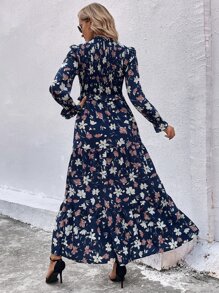 SHEIN LUNE Allover Floral Print Shirred Flounce Sleeve Ruffle Hem Dress - Navy Blue - View 2