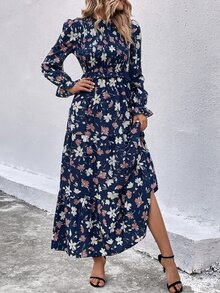 SHEIN LUNE Allover Floral Print Shirred Flounce Sleeve Ruffle Hem Dress - Navy Blue - View 4