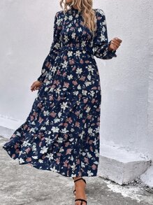 SHEIN LUNE Allover Floral Print Shirred Flounce Sleeve Ruffle Hem Dress - Navy Blue - View 5