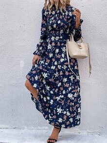 SHEIN LUNE Allover Floral Print Shirred Flounce Sleeve Ruffle Hem Dress - Navy Blue - View 6