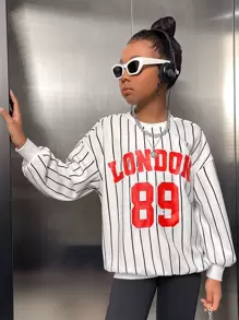 SHEIN Girls Striped & Letter Graphic Drop Shoulder Sweatshirt - Multicolor - View 1