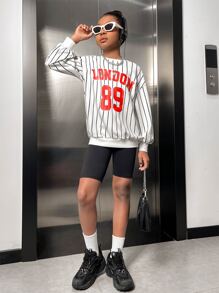 SHEIN Girls Striped & Letter Graphic Drop Shoulder Sweatshirt - Multicolor - View 3