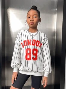 SHEIN Girls Striped & Letter Graphic Drop Shoulder Sweatshirt - Multicolor - View 5