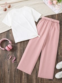 SHEIN بنات تي شيرت بطباعة أحرف و بنطلون بساق واسع حزام