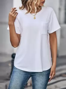INAWLY Solid Pocket Patched Drop Shoulder Tee