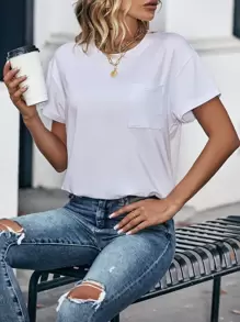 INAWLY Solid Pocket Patched Drop Shoulder Tee