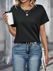 INAWLY 素色口袋貼布T恤 - 黑色 - 查看 3