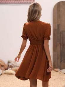 Breezaya Swiss Dot Puff Sleeve Ruffle Detail Shirred Waist A-line Dress - Burnt Orange - View 2