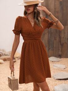Breezaya Swiss Dot Puff Sleeve Ruffle Detail Shirred Waist A-line Dress - Burnt Orange - View 4