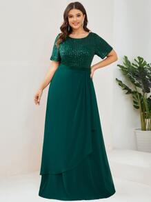 EVERPRETTY Plus Sequin Insert Draped Front Chiffon Prom Dress - Dark Green - View 1
