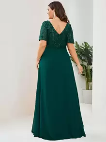 EVERPRETTY Plus Sequin Insert Draped Front Chiffon Prom Dress - Dark Green - View 2
