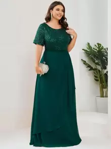 EVERPRETTY Plus Sequin Insert Draped Front Chiffon Prom Dress - Dark Green - View 3