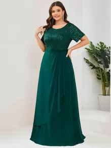 EVERPRETTY Plus Sequin Insert Draped Front Chiffon Prom Dress - Dark Green - View 4