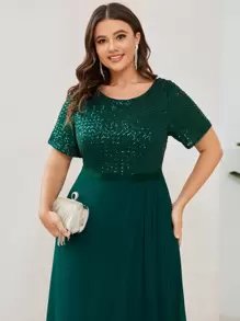 EVERPRETTY Plus Sequin Insert Draped Front Chiffon Prom Dress - Dark Green - View 5