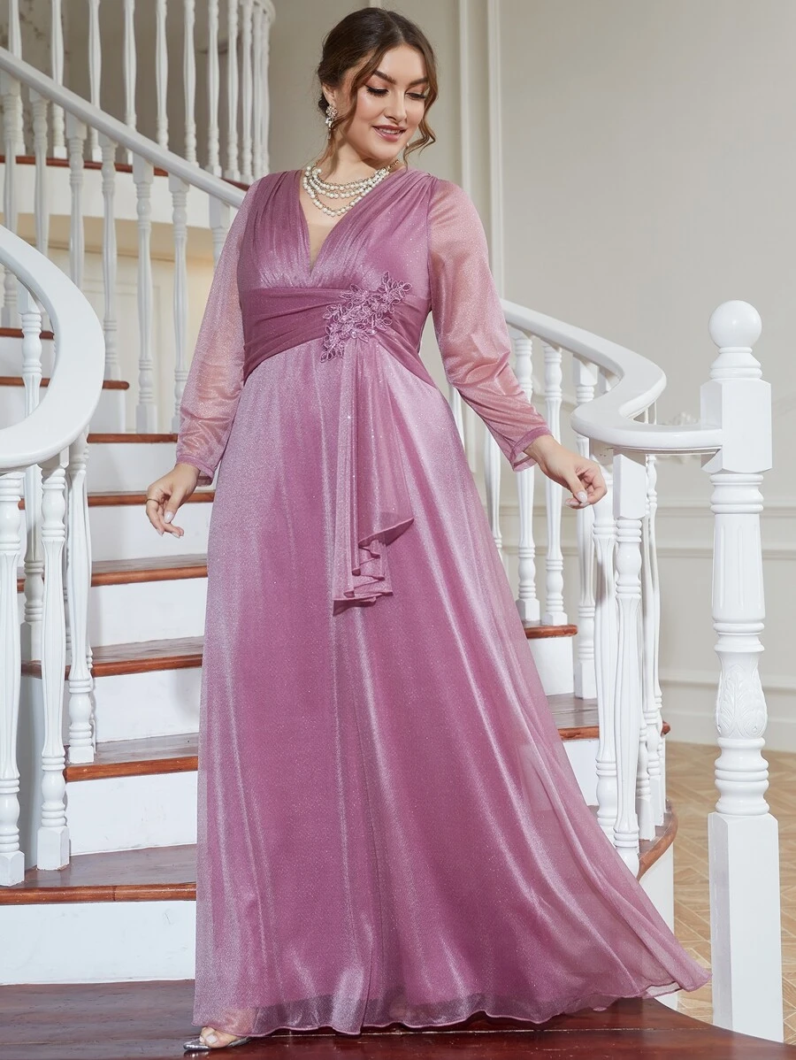 Vestido de dama de honor de malla en contraste fruncido con fruncido delantero - Púrpura malva - Ver 1