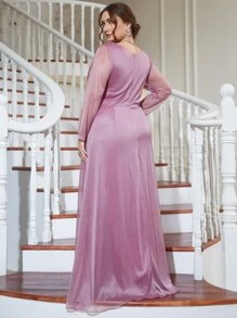 Vestido de dama de honor de malla en contraste fruncido con fruncido delantero - Púrpura malva - Ver 2