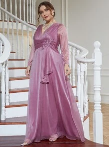 Vestido de dama de honor de malla en contraste fruncido con fruncido delantero - Púrpura malva - Ver 3