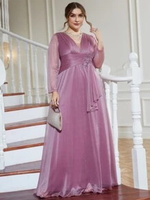 Vestido de dama de honor de malla en contraste fruncido con fruncido delantero - Púrpura malva - Ver 4