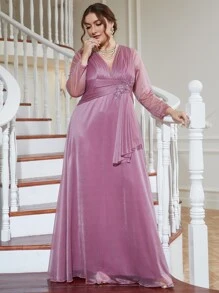 Vestido de dama de honor de malla en contraste fruncido con fruncido delantero - Púrpura malva - Ver 5