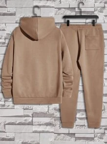 Manfinity VCAY 男士貼布細節抽繩連帽衫和運動褲 - 卡其色 - 查看 2