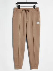 Manfinity VCAY 男士貼布細節抽繩連帽衫和運動褲 - 卡其色 - 查看 7