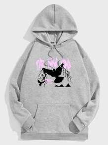 ROMWE MEN Guys Letter Graphic Drawstring Thermal Lined Hoodie - Light Grey - View 1