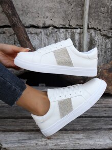 Rhinestone Decor Lace-up Front Skate Shoes - White - View 1