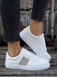 Rhinestone Decor Lace-up Front Skate Shoes - White - View 2