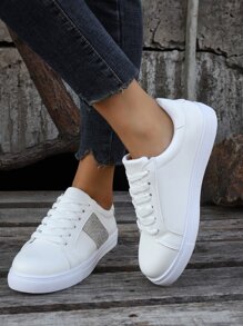 Rhinestone Decor Lace-up Front Skate Shoes - White - View 3