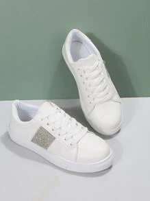 Rhinestone Decor Lace-up Front Skate Shoes - White - View 4