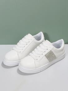 Rhinestone Decor Lace-up Front Skate Shoes - White - View 5