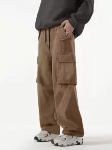 ROMWE MEN Street Life Pantalones cargo para hombres con bolsillo con solapa, cintura con cordón, para escuela - Caqui - Ver 1