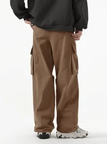 ROMWE MEN Street Life Pantalones cargo para hombres con bolsillo con solapa, cintura con cordón, para escuela - Caqui - Ver 2