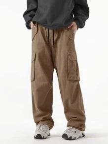 ROMWE MEN Street Life Pantalones cargo para hombres con bolsillo con solapa, cintura con cordón, para escuela - Caqui - Ver 4