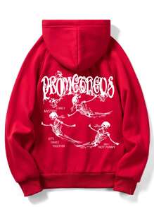 ROMWE MEN Grunge Punk Men Letter Skeleton Graphic Kangaroo Pocket Drawstring Hoodie - Red - View 1