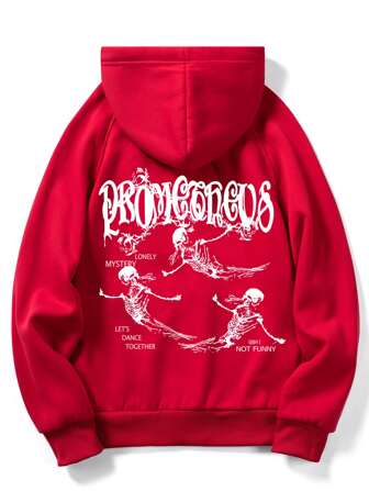 ROMWE MEN Grunge Punk Men Letter Skeleton Graphic Kangaroo Pocket Drawstring Hoodie