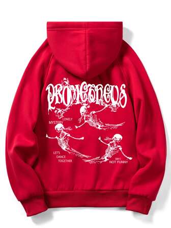 ROMWE Grunge Punk Men Letter Skeleton Graphic Kangaroo Pocket Drawstring Hoodie