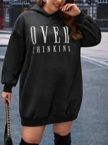 SHEIN LUNE Plus Letter Graphic Drop Shoulder Hooded Dress - Black - View 1