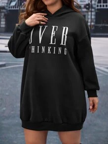 SHEIN LUNE Plus Letter Graphic Drop Shoulder Hooded Dress - Black - View 4