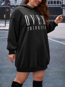 SHEIN LUNE Plus Letter Graphic Drop Shoulder Hooded Dress - Black - View 5