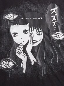 ROMWE MEN Anime Men Figure Graphic Tee, School - Black - View 3