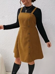 SHEIN Unity Plus Button Front Pinafore Dress Without Tee - Khaki - View 1
