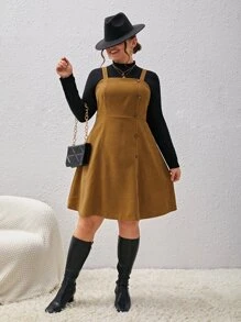 SHEIN Unity Plus Button Front Pinafore Dress Without Tee - Khaki - View 3
