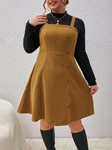 SHEIN Unity Plus Button Front Pinafore Dress Without Tee - Khaki - View 4