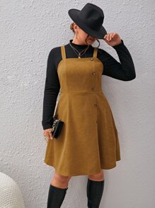 SHEIN Unity Plus Button Front Pinafore Dress Without Tee - Khaki - View 5